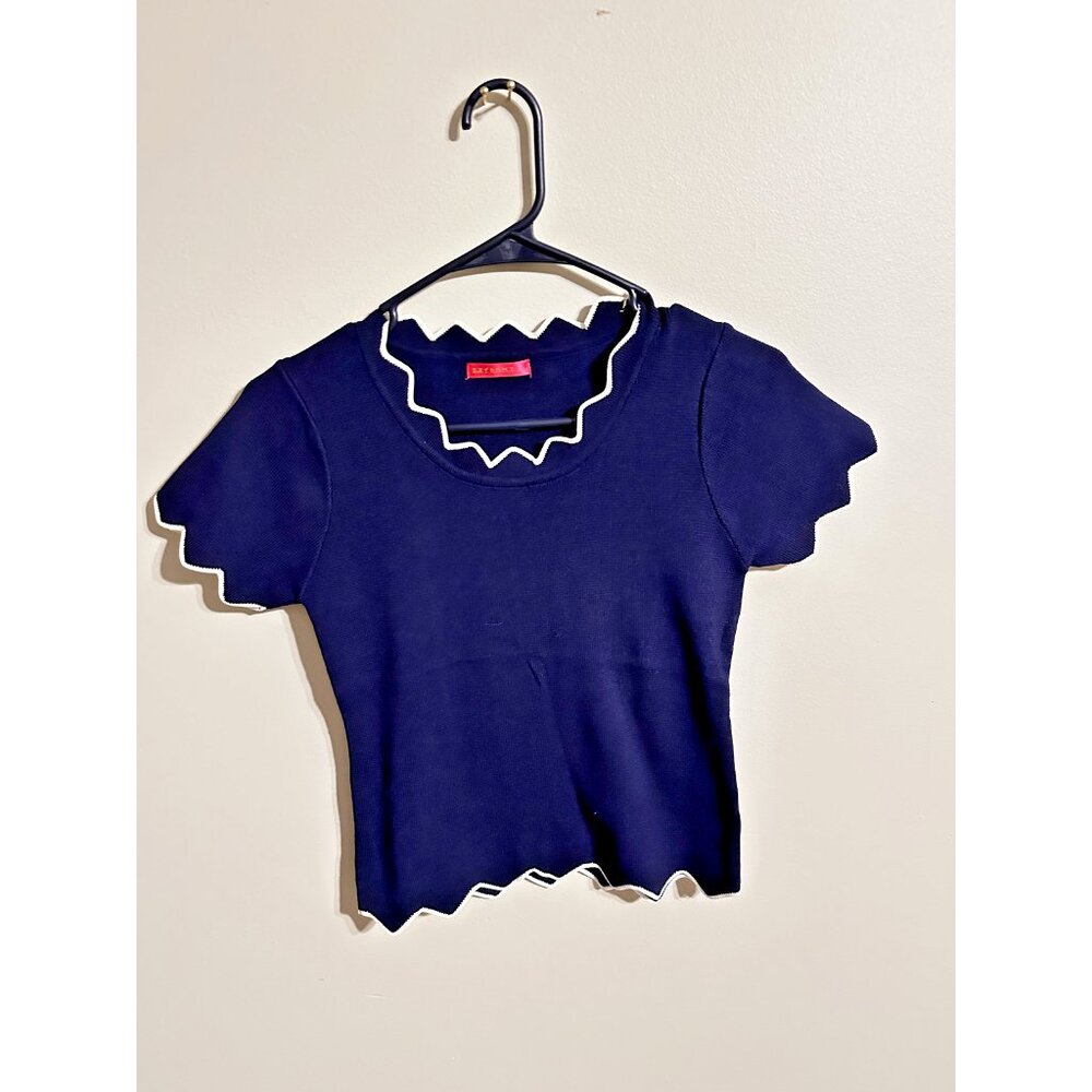 Women's Large, Navy Blue 2XTREMZ Zigzag edge Knit Top Short Sleeve Sweater